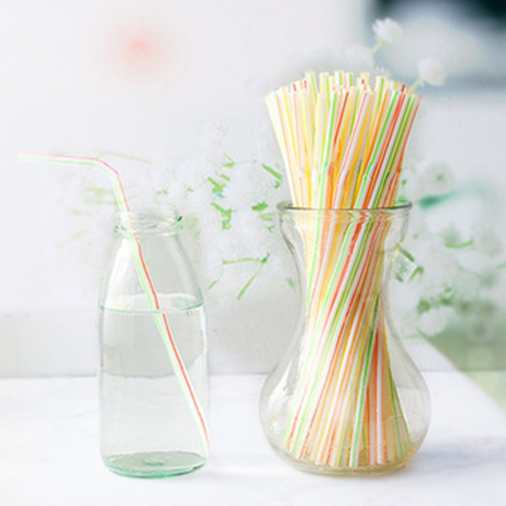100Pcs Disposable Plastic Drinking Straws Multi-Color Striped Bendable Elbow Beverage Straws