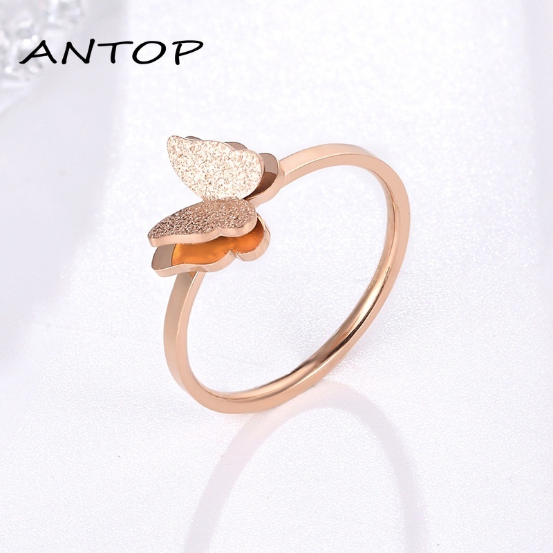 Korea Cincin Titanium Wanita Kupu Karat Lapis Emas Anti Karat Perhiasa Aksesoris Mode ANTOP