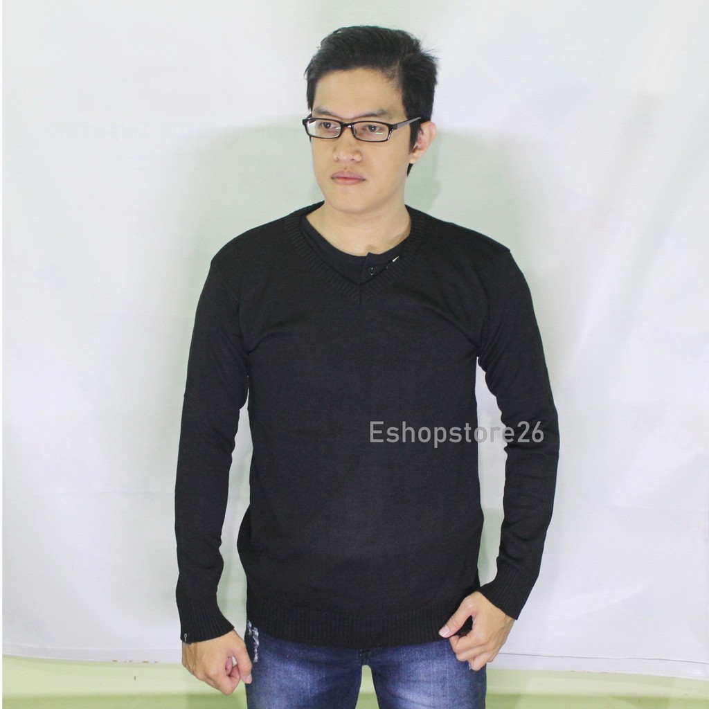 Sweater Rajut Vneck pria Greenlight - Jaket rajut pria v neck - Hitam