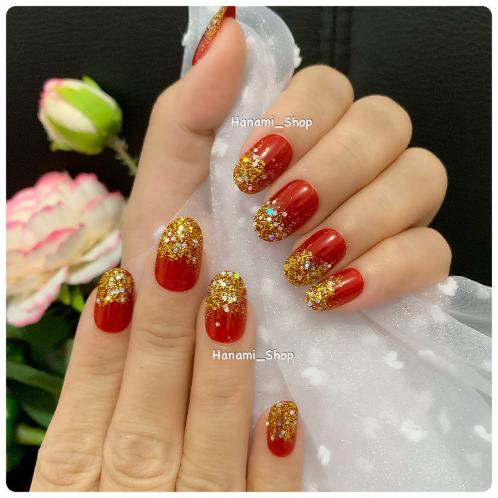 KUKU PALSU NAILART FAKE NAIL red merah gold emas glitter maroon marun