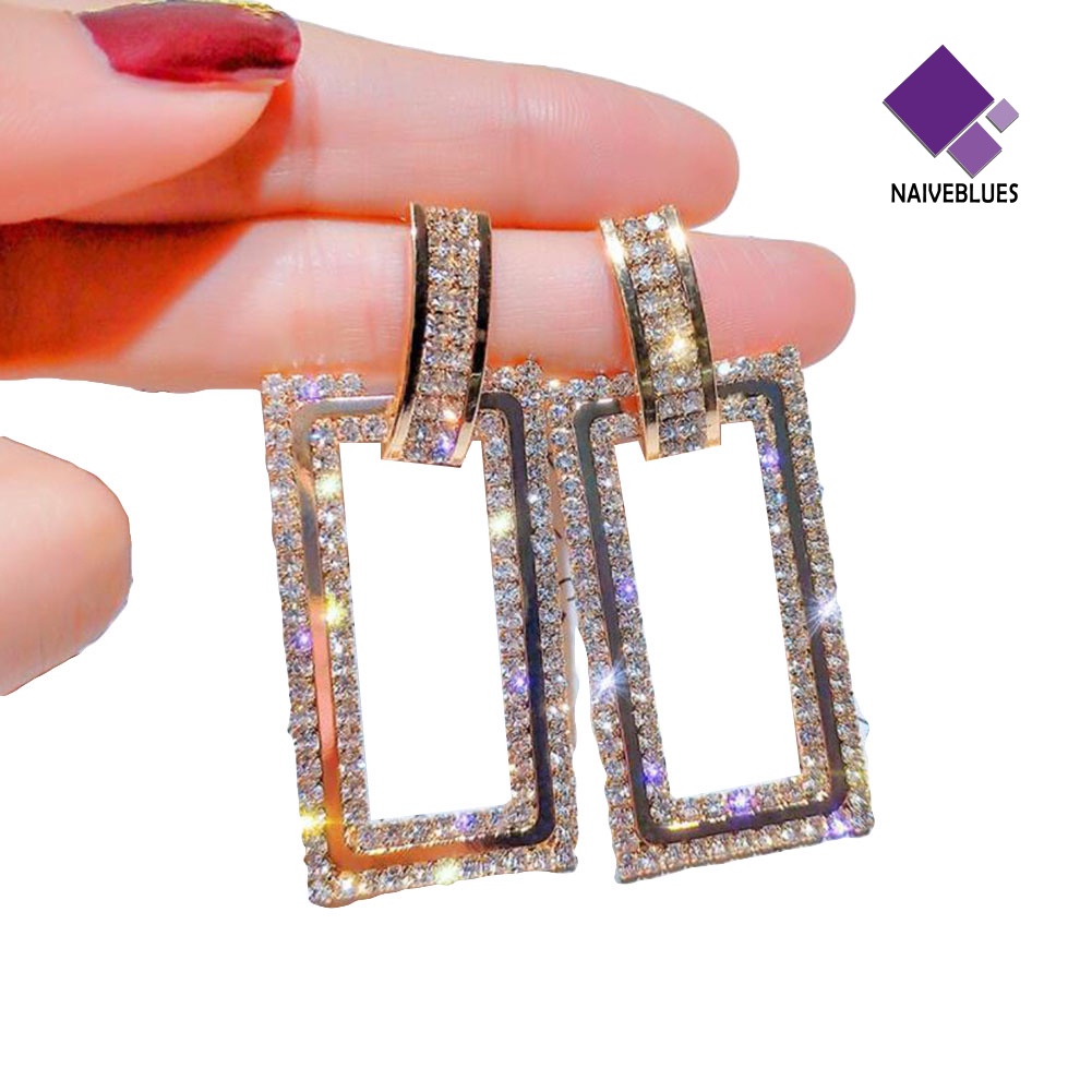 Anting Stud Berlian Imitasi Bentuk Persegi Panjang Model Hollow Untuk Wanita