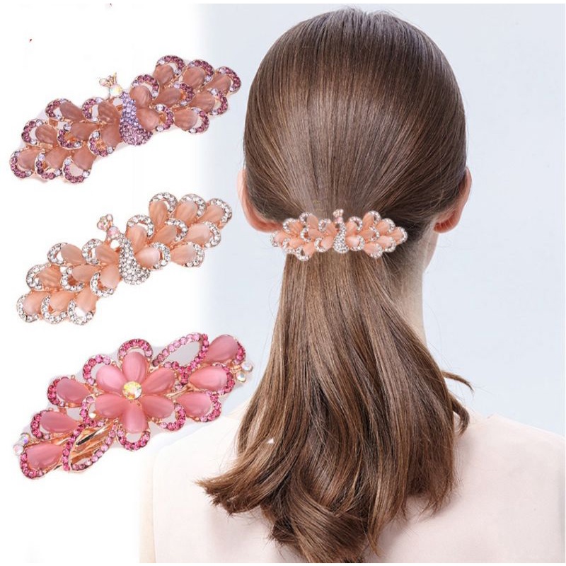 Jepit Rambut Otomatis Korea 9cm Elegan Jedai Besi Alloy Jepit Ponytail PREMIUM Kristal Mutiara Rhinestone Elegant Barrette Hair Clip