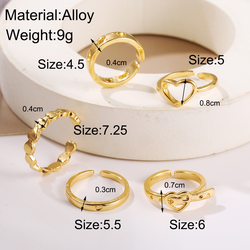 5pcs / Set Cincin Model Terbuka Desain Hati Hollow Gaya Simple / Retro Untuk Wanita