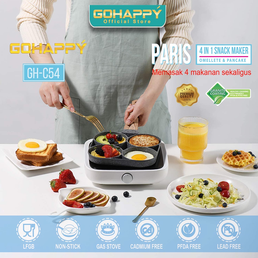 Frypan 4 in 1 Marble Coating- OMELETTE PAN GOHAPPY | Panci Cetakan kue breakfast 4 in 1 telur mie pancake paris