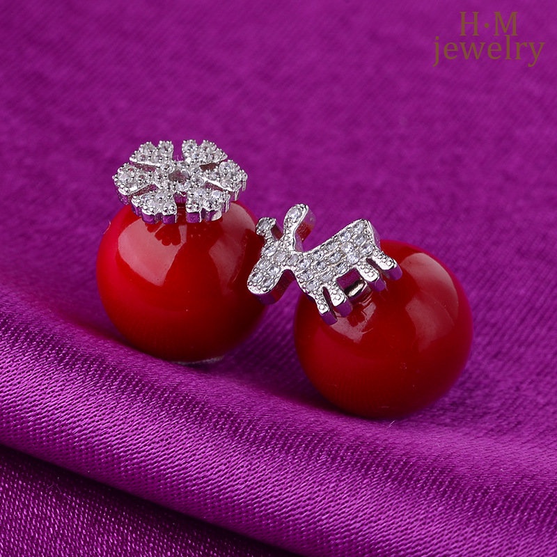 Anting Tusuk Sterling Silver 925 Model Rusa / Snowflake Dengan Mutiara Untuk Wanita / Hadiah Natal