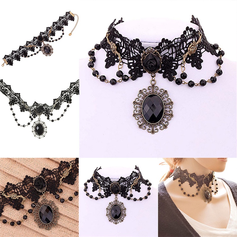 Lolita Kalung Choker Bahan Lace Motif Bunga Mawar Warna Hitam Gaya Gothic Untuk Wanita