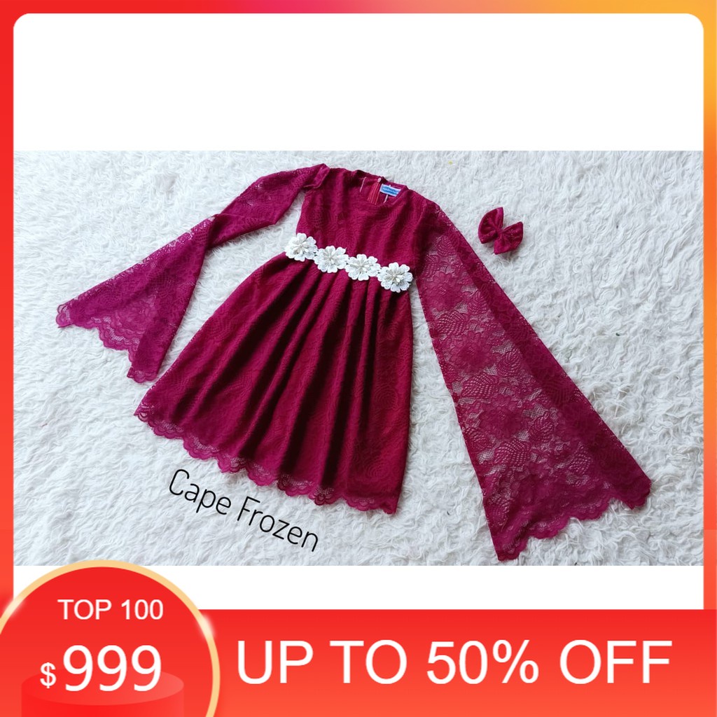 Baju DRESS ANAK CAPE FROZEN WARNA MERAH MAROON