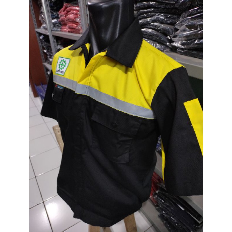 SERAGAM SAFETY LENGAN PENDEK KUNING DONGKER GELAP HITAM RESLETING FREE LOGO K3 BENDERA