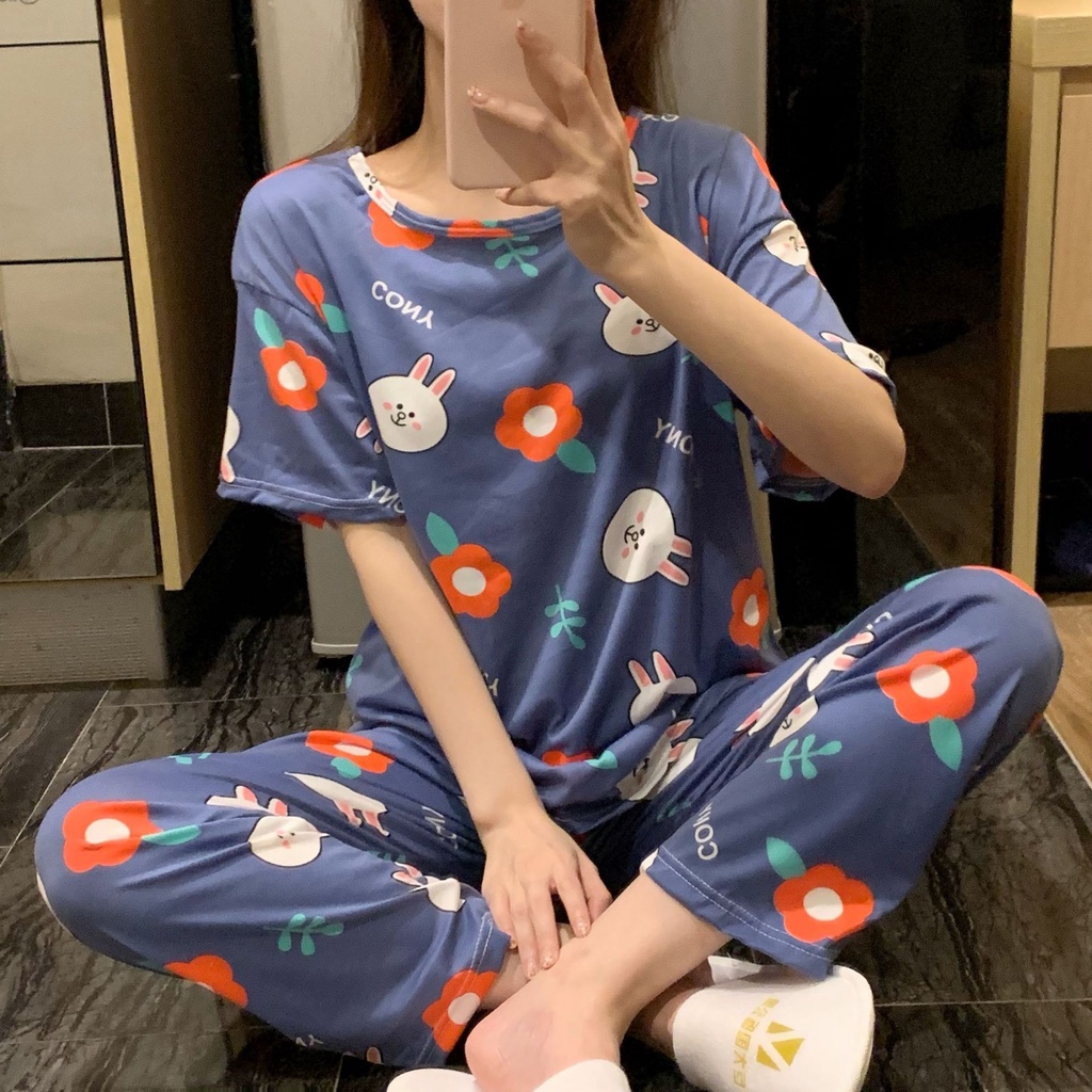 UNNY.ID Baju Setelan Piyama Import Lengan Pendek Celana Panjang Baju Rumah Baju Tidur Wanita Motif Kartun-1