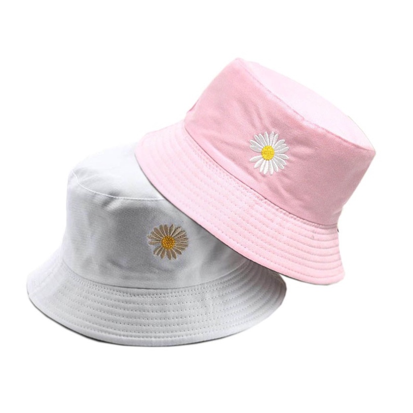 Topi Bucket dewasa Dua Sisi  Motif Bordir Bunga Daisy Bahan Drill premium / Bucket Bordir Bunga