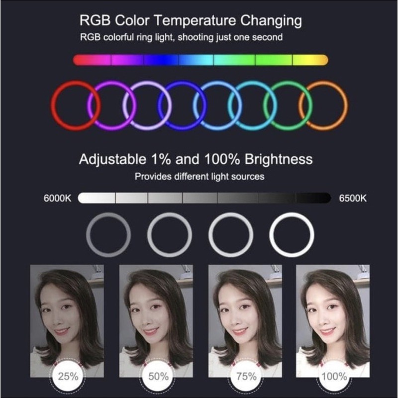 RING LIGHT RAINBOW RGB + TRIPOD STAND 2.1M LIVE TIKTOK YOUTUBER - BC