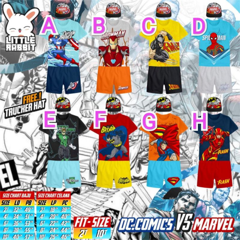 2-10T Setelan Superhero Dc Comics Ft. Marvel by Little Rabbit FREE Topi Cap