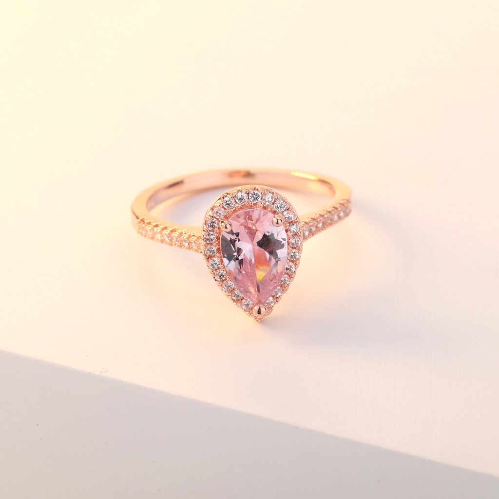 Goldkingdom Perhiasan Fashion 24K Bangkok Aksesoris Ready Stock A Woman Full Lapis Berlian Rose Gold Hias Zirkon Bubuk Kristal Berbentuk Jatuh Engagement Party Ring