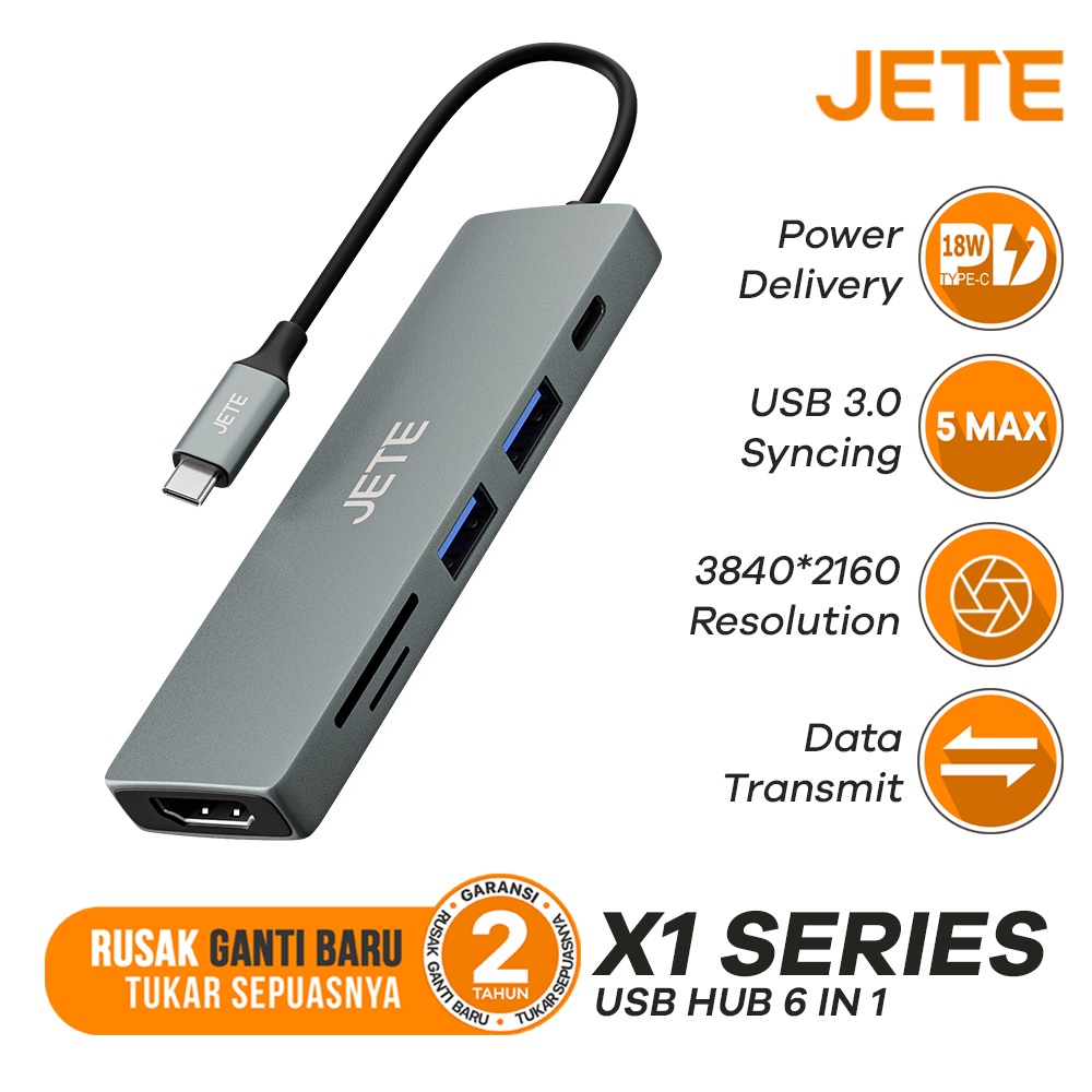 Converter HDMI USB 6in1 JETE X1 - Konverter Usb Type C To HDMI | Tipe C Ke Usb 3.0 Hdmi - Garansi Resmi 2 Tahun