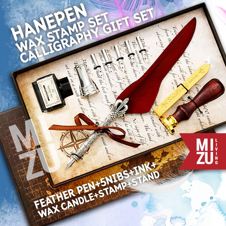 

YUH MIZU HANEPEN WAX SEAL raphy Set Feather Quill Dip Pen Bulu 6 Nibs Ink Tinta Lilin Stempel