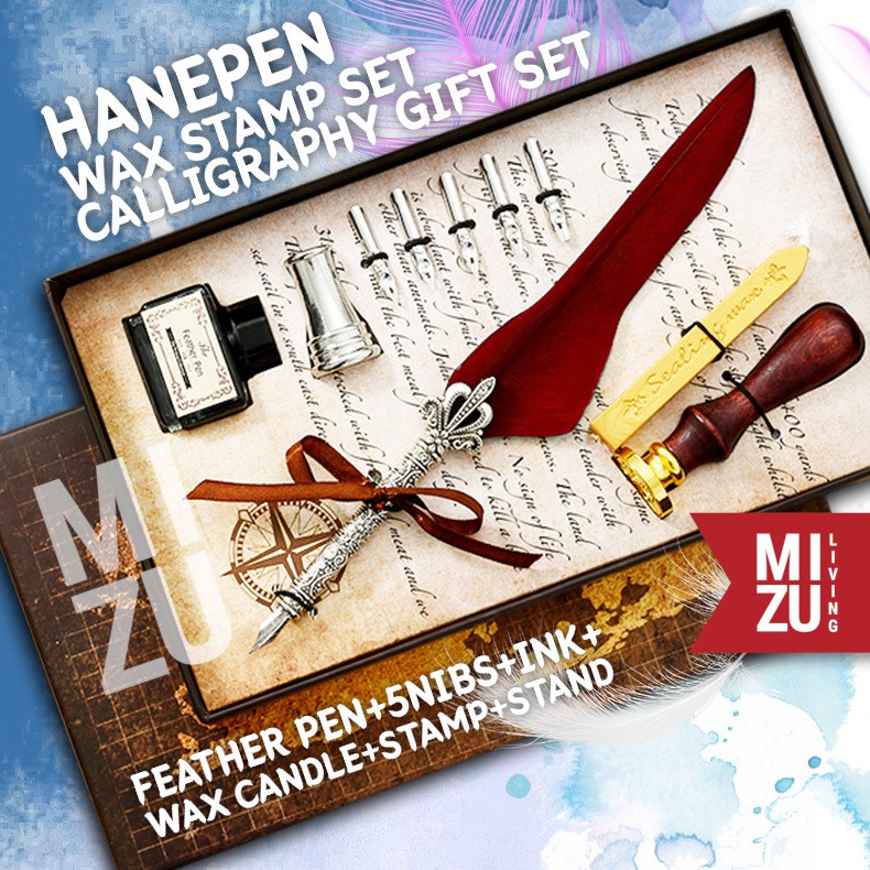 MIZU HANEPEN WAX SEAL Calligraphy Set Feather Quill Dip Pen Bulu 6 Nibs Ink Tinta Lilin Stempel