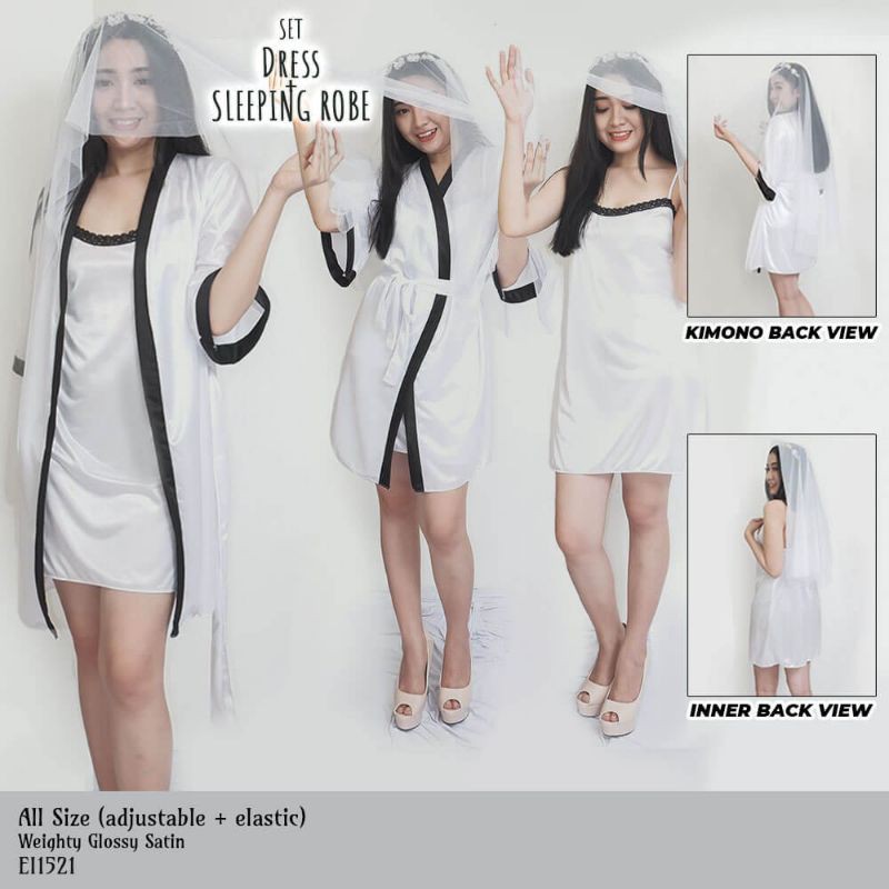 Kimono wanita sexy set inner outer dress pendek Bridesmaid satin allsize baju tidur putih 1521WSET