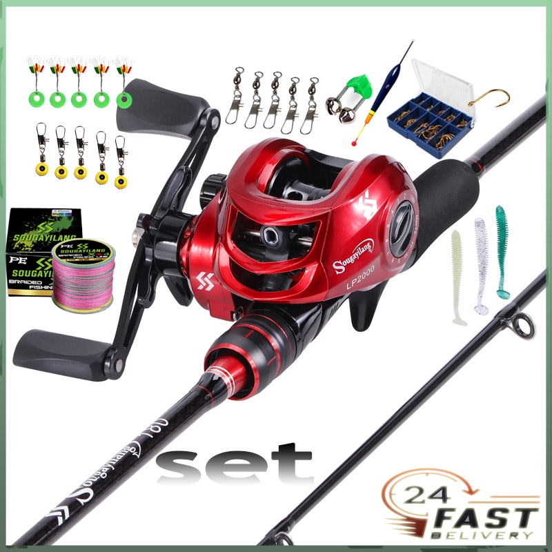 Tongkat Pancing Kombo, Kit Lengkap 1.8m/2.1M Casting Pancingan dengan 18 + 1BB Gulungan Baitcasting dan Aksesoris Memancing Umpan Lembut Dikepang Senar Nilon Flot Set Alat Pancing Kombo COD