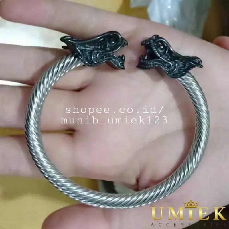 Gelang Titanium Naga Dragon Silver putih kepala hitam cowok cewek pria wanita cowo cewe asli ori