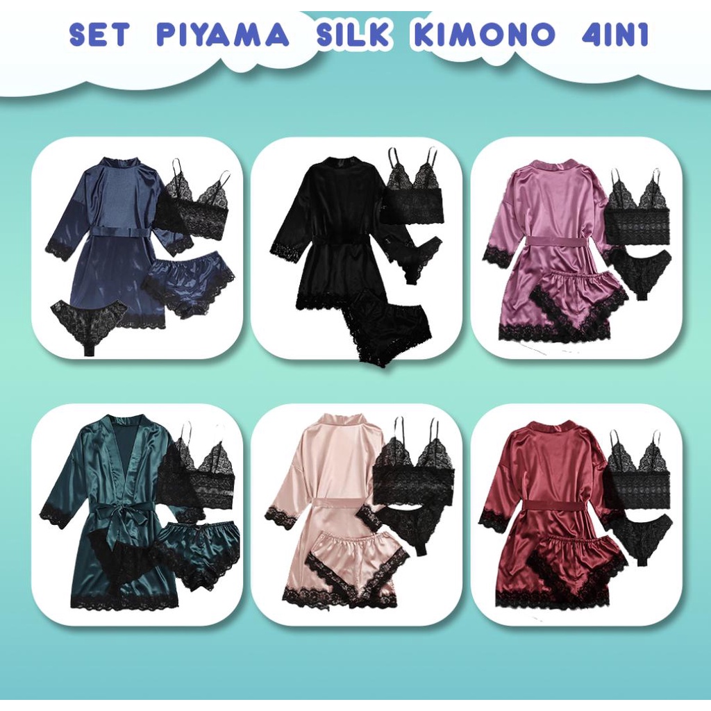 CJSW-4IN1 TINO TINO SET PIYAMA SILK KIMONO 4IN1 PREMIUM/BAJU TIDUR WANITA 4IN1