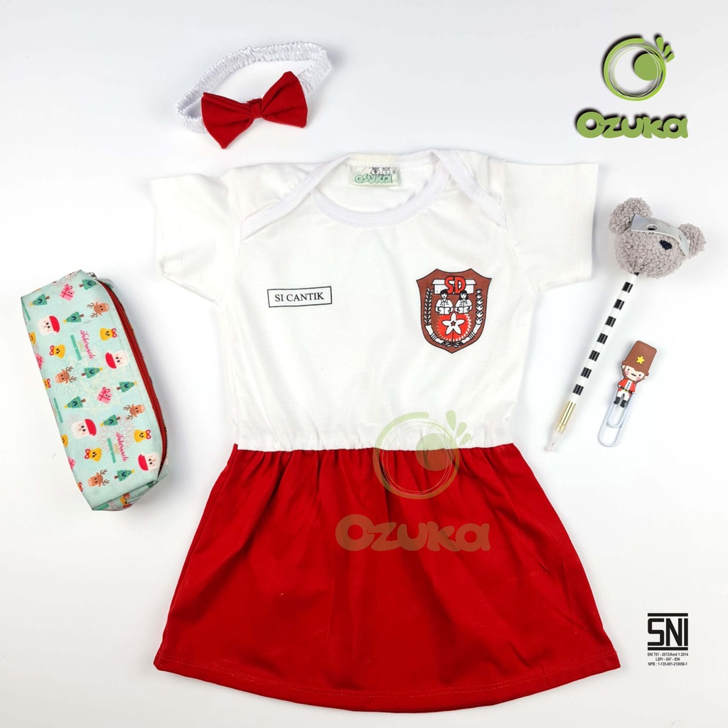 Baju Bayi Perempuan Dress Bayi Seragam Sekolah SD kostum Bayi Ozuka Bonus Bandana (DF3)
