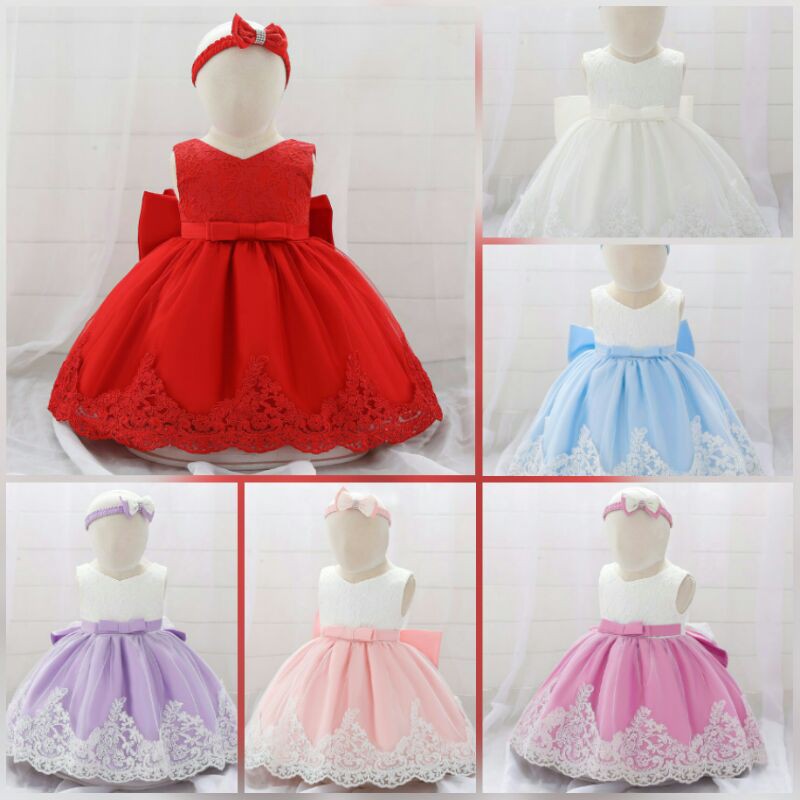 Party dress baby baju pesta bayi perempuan gaun dan bando impor