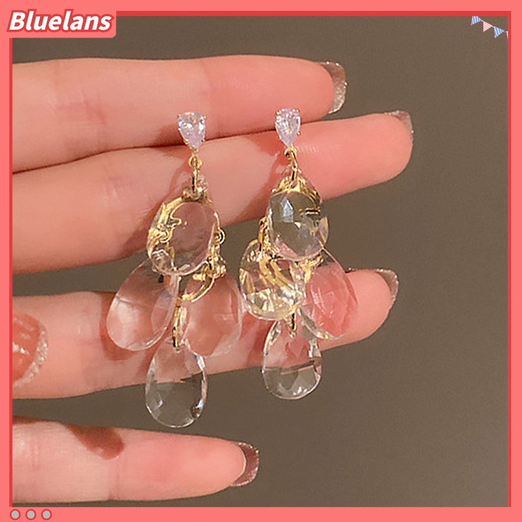 1 Pasang Anting Tusuk Gantung Wanita Desain Geometri Tetesan Air Hias Kristal Imitasi Transparan Untuk Pernikahan