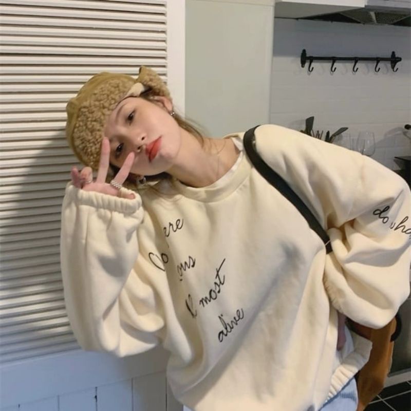 Sweater Crewneck Wanita Koy Tali Kerut Termurah / Bahan Fleece Lembut Dan Tebal