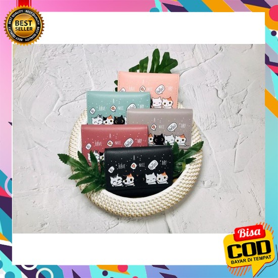 Dompet Perempuan Lucu Lipat Pendek Mini Gambar Kucing Minimalis Murah/ W159 Dompet Wanita Kucing Luc