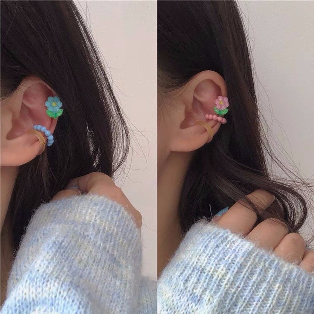 Needway  3Pcs/Set Flower Ear Clip Korean Clip Earrings Ear Bone Clip Candy Color Without Ear Hole Fashion Jewelry Beaded Sweet Cute Lovely Resin Acrylic Cartilage Clip/Multicolor