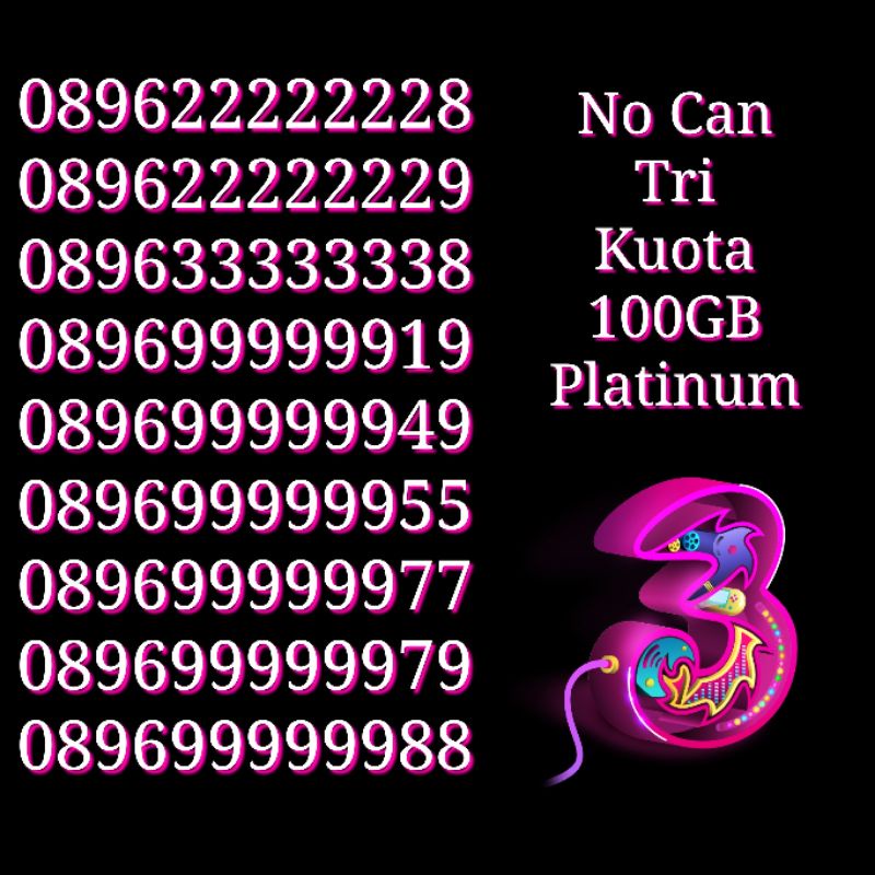 Nomor Cantik Nocan Sapta Kartu Perdana Tri Three 4G LTE Kuota 100GB Platinum