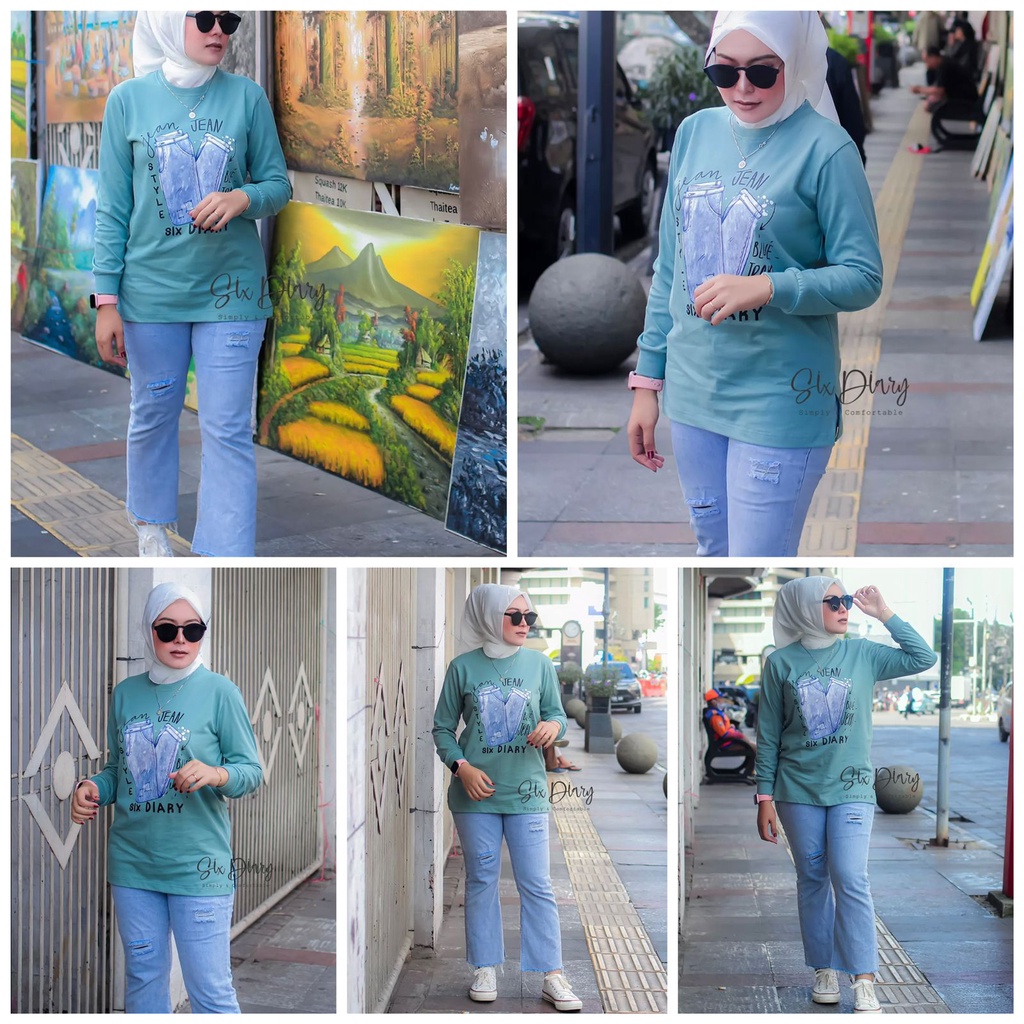 Baju Wanita Fashion wanita Kaos Wanita Atasan Wanita Kaos Lengan Panjang Wanita Six Diary Motif JEANS WARNA HIJAU TOSCA// Style Zolaqu//BAJU WANITA LENGAN PANJANG / SWEATER WANITA KEKINIAN / KAOS WANITA TRENDY / ATASAN WANITA TERBARU 2022