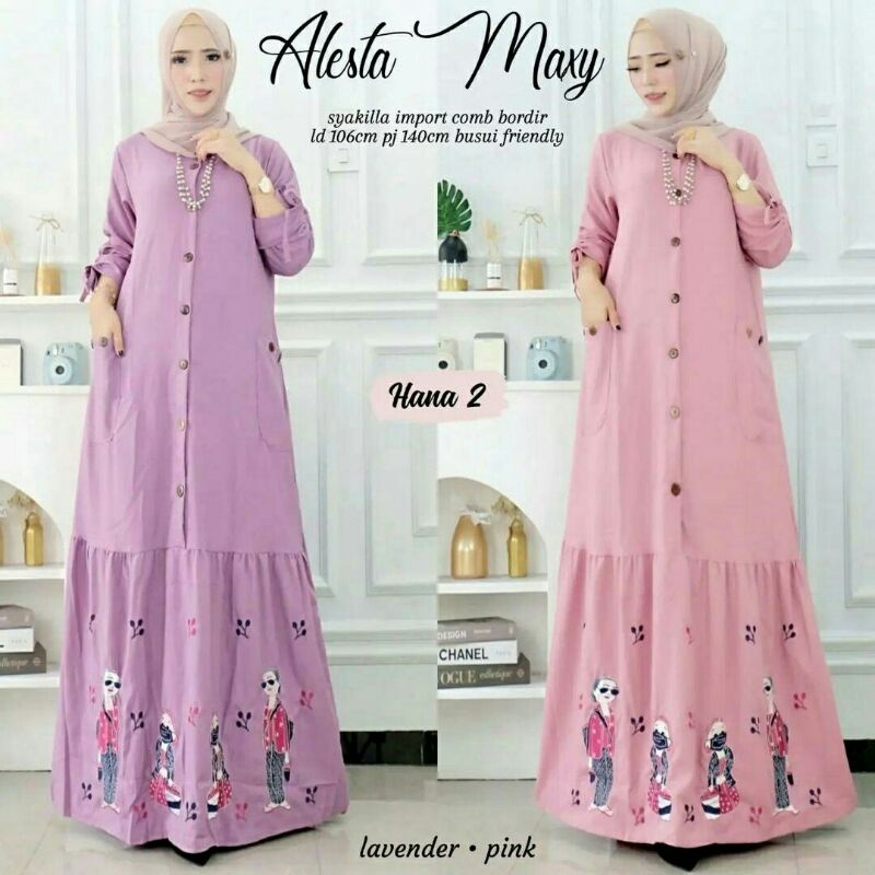 Alesta Maxi dress cewek warna biru dongker lime navy pink gamis bahan Shakilla bordir shakila kombin