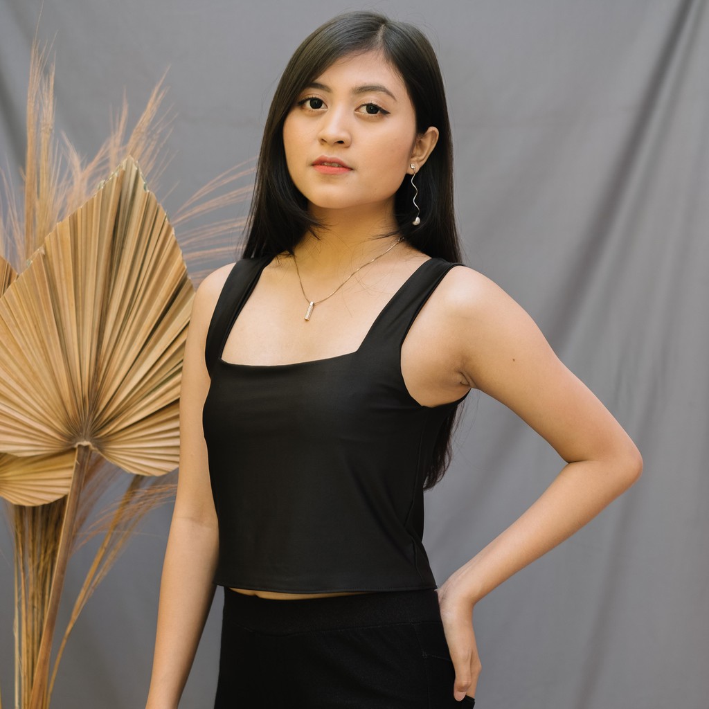 Firstact ODETTE TALI BESAR CROP TOP Tank Top Wanita bahan Spandex-Hitam allsize