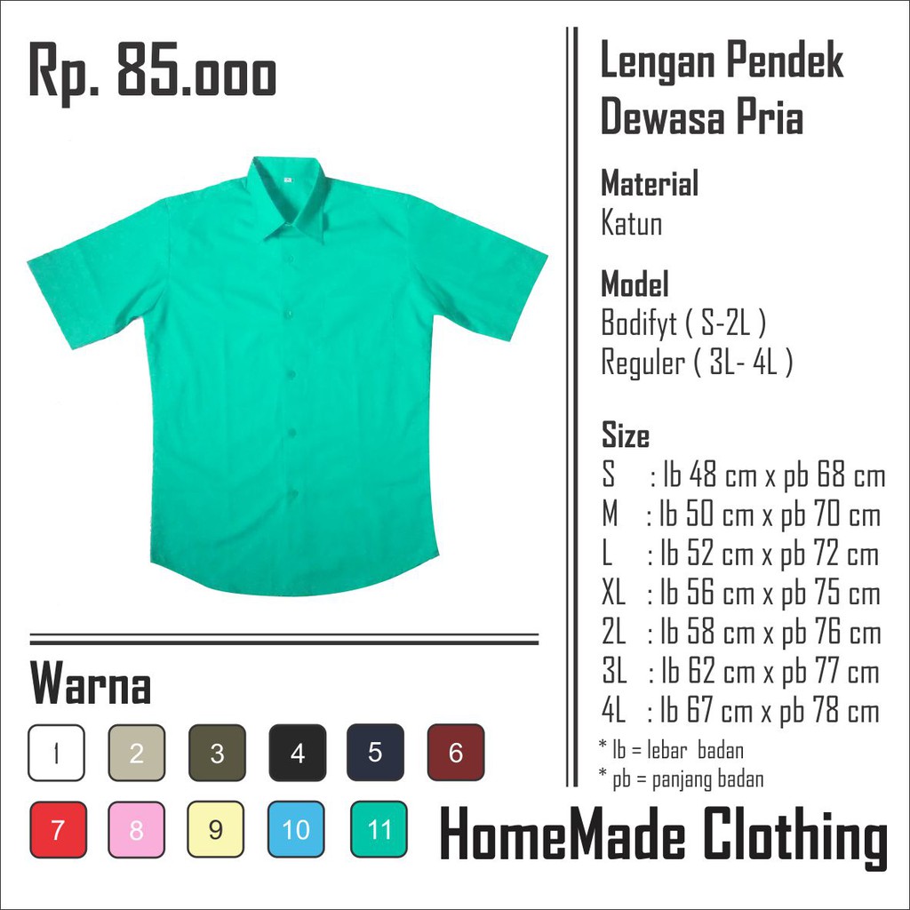 Kemeja Pria Lengan Pendek Polos Size S 4l