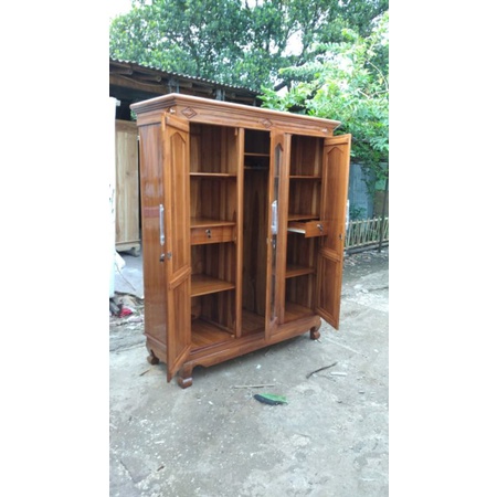 lemari pintu 3 kayu jati asli perhutani /lemari dobel hambal / kaca cermin  full/  lemari baju/ paka
