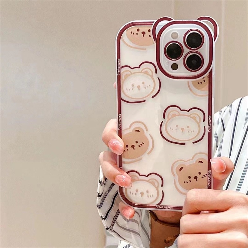 Soft Case Pelindung Lensa Bening Tahan Banting Anti Jatuh Motif Beruang Coklat Untuk iPhone 14 13 12 11 Pro Max X Xr Xs Max SE 8 7 6 6s Plus