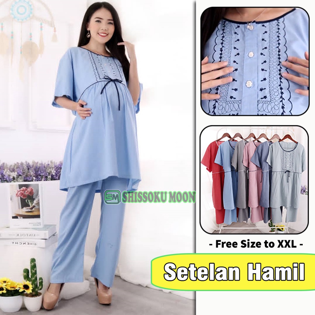 Baju Setelan Hamil Menyusui - Baju Hamil Lengan Pendek &amp; Celana Hamil Panjang - Tiffany