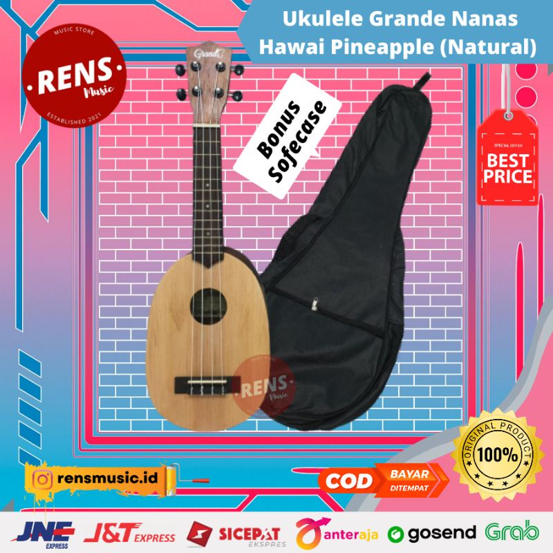 Gitar / Guitar Ukulele Grande Nanas Hawai Pineapple Natural Original + Tas / Sofecase / Sarung