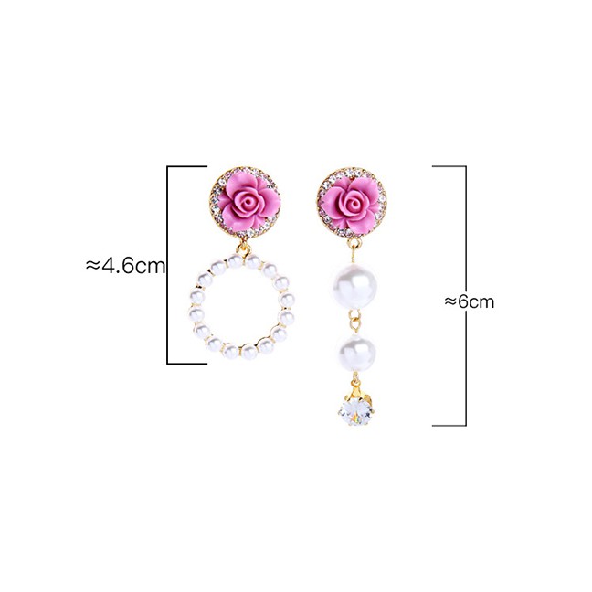 LRC Anting Tusuk Fashion White Sterling Silver Geometric Diamond Pearl Flower Asymmetrical Earring