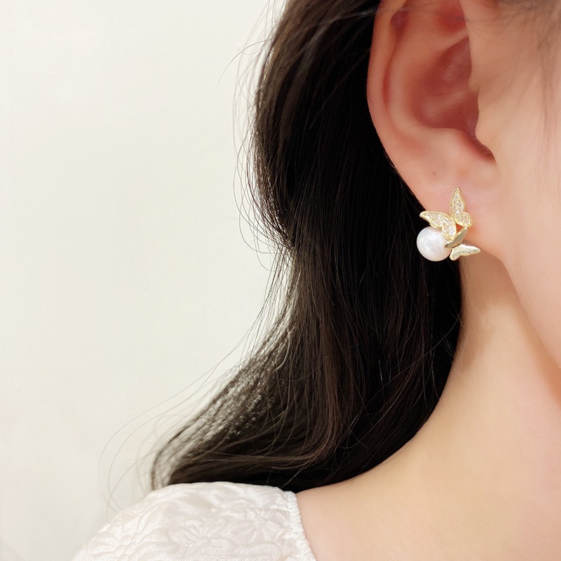 Butterfly Anting Tusuk Desain Kupu-Kupu Hollow Hias Mutiara + Berlian Untuk Wanita