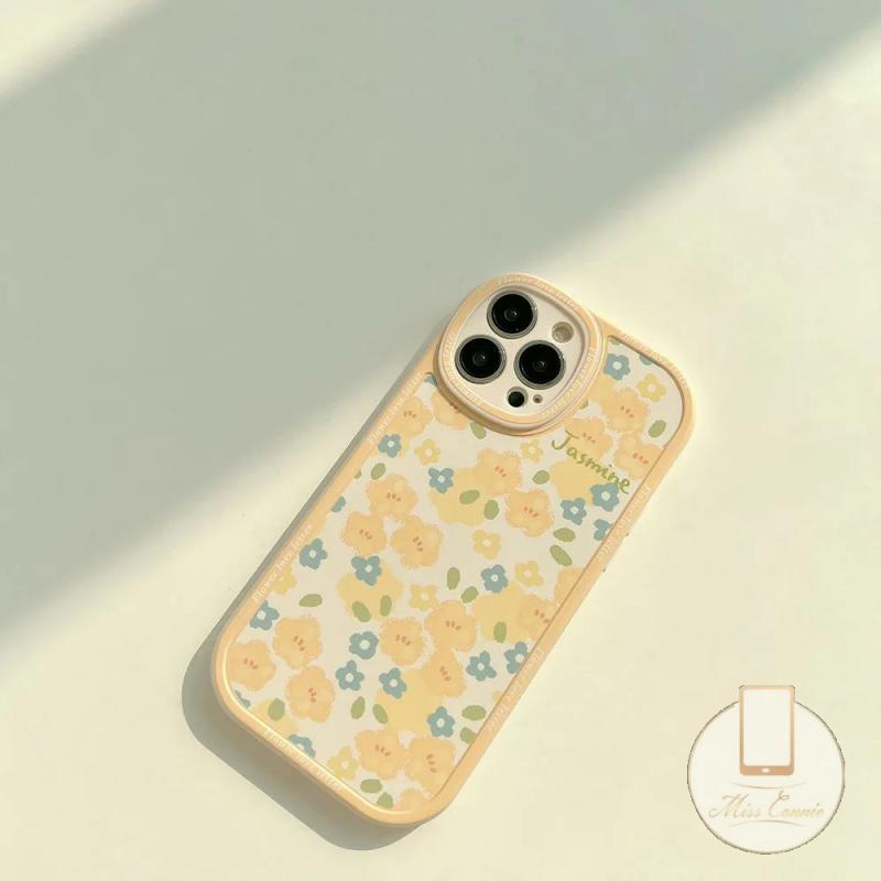 IPHONE Ins Fashion Retro Bunga Kuning Casing Ponsel Kompatibel Untuk Iphone11 7 8 Plus 12 13 11 14 Pro Max X XR XS Max 6 6s 7Plus 8Plus SE 2020 Plus Perlindungan Lensa Oval TPU Lembut Full Cover