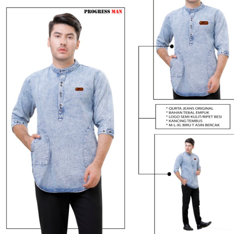 TERLARIS Kemeja Koko denim pria lengan 3/4, Koko jeans denim pria premium