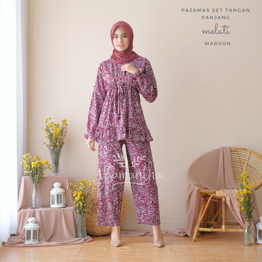 vSamantha - Pajamas Set / Piyama Set Muslim Rayon Rempel Busui Friendly - Tangan Panjang-Melati Maroon