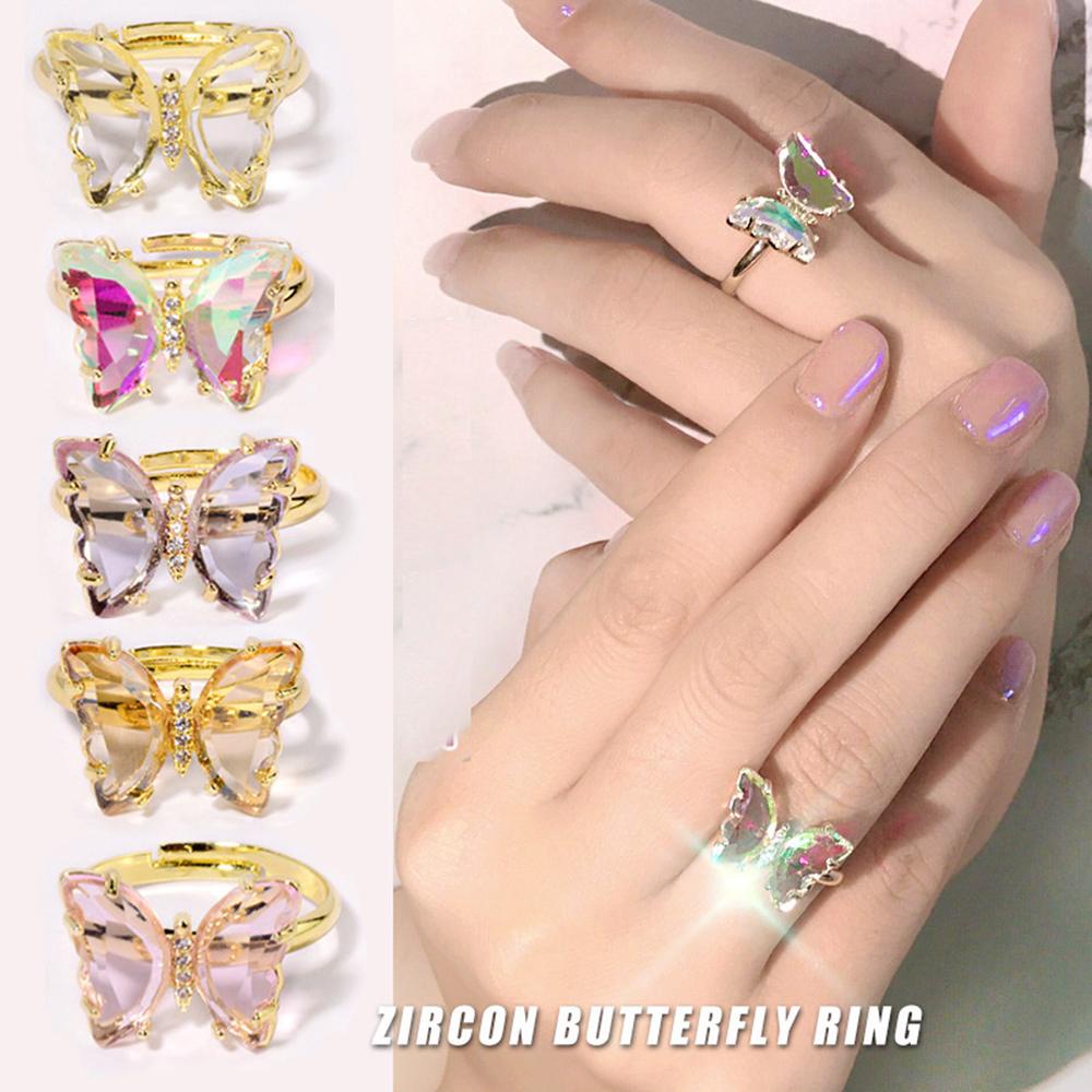 AUGUSTINA Agustinina Kristal Kupu-Kupu Cincin AB Berlian Adjustable DIY Nail Art Shiny Nail Aksesoris Foto Properti Perhiasan Kuku