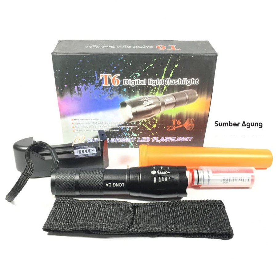 Senter SWAT T6 Digital Light Flashlight Senter Terang Tombol Belakang