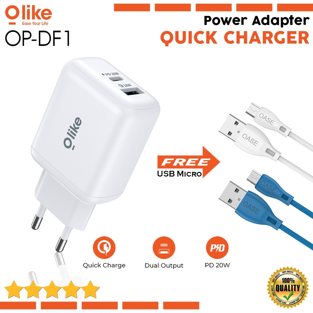 OLIKE Batok Kepala Charger Qualcomm Quick Charge 3.0 Power Delivery 20W Dual Port Batok Casan Garansi Resmi OP-DF1