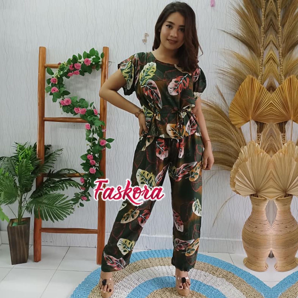 Piyama Rayon Jumbo Lengan Pendek One Set Wanita Kekinian Remaja Pajamas Polos Kombinasi Auristela-Monstera 1 Hijau