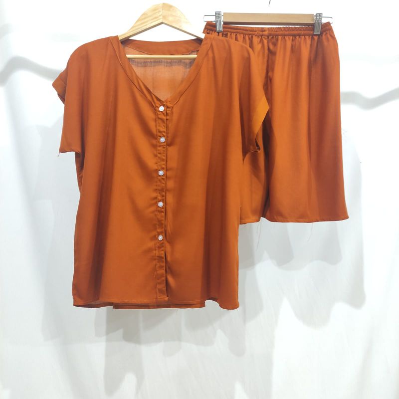 PIYAMA KANCING PENDEK | PIYAMA RAYON | BAJU TIDUR RAYON-VN TERACOTA