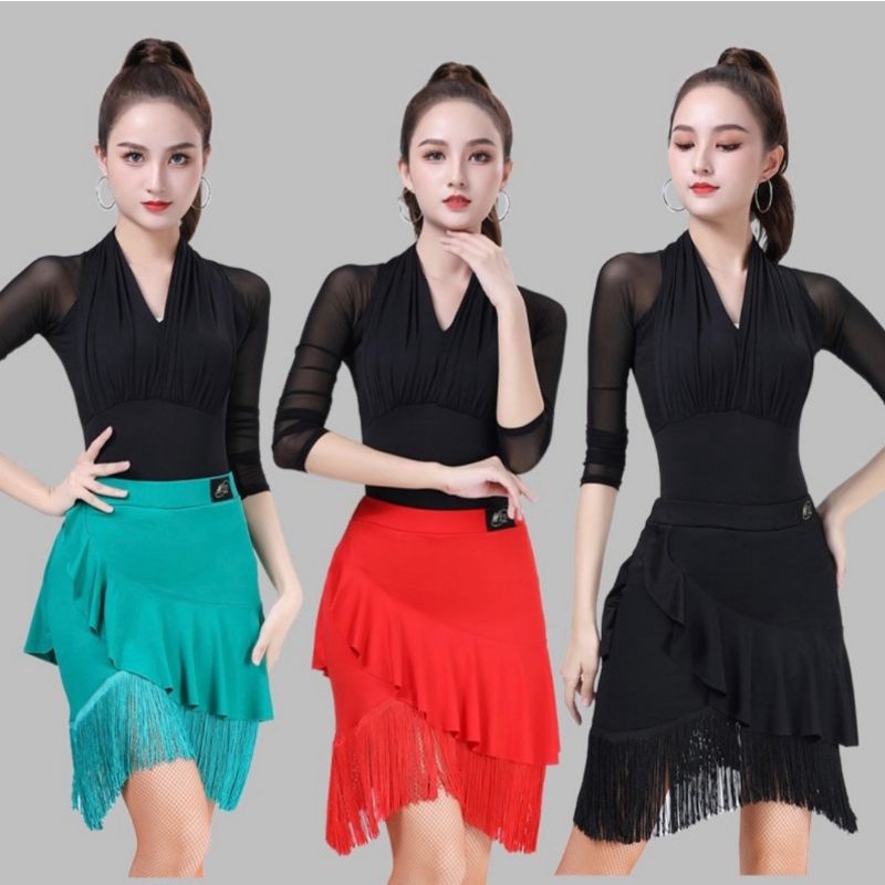 rok rumbai tasel flare skirt wanita women costume line dance salsa senam dress MIX